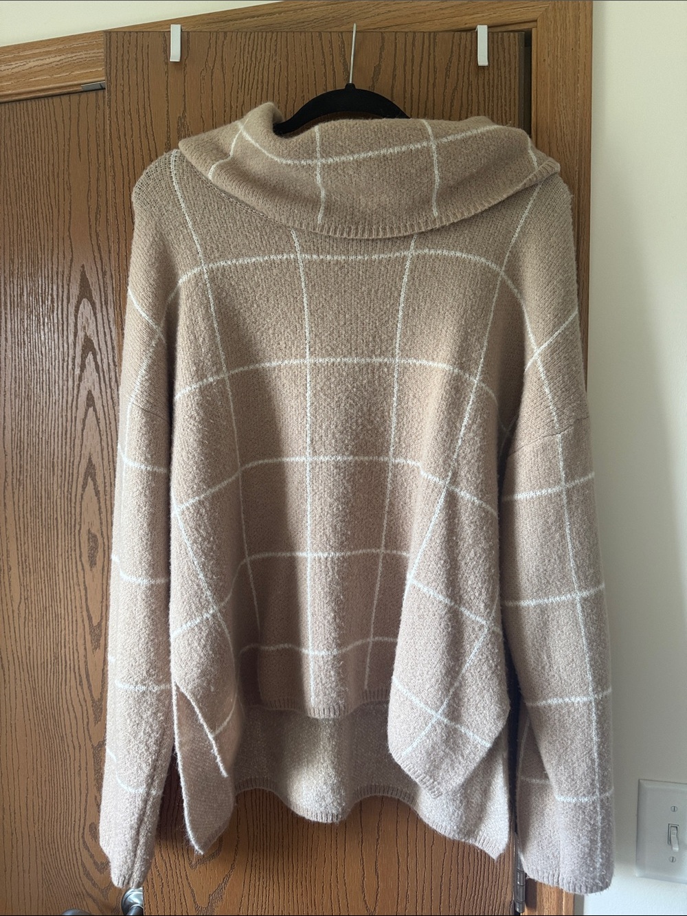 Lumiere Beige Windowpane Cowl Neck Sweater